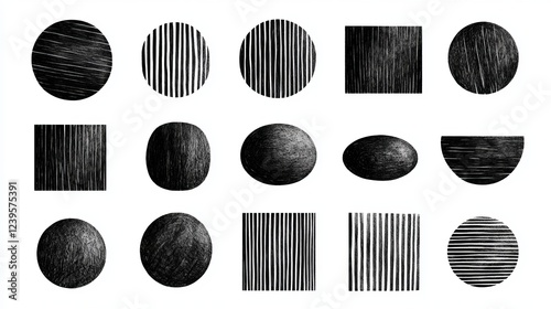 Abstract hand-drawn geometric patterns in a monochromatic palette, textured brushstrokes creating depth, ideal for illustrators' toolkits
