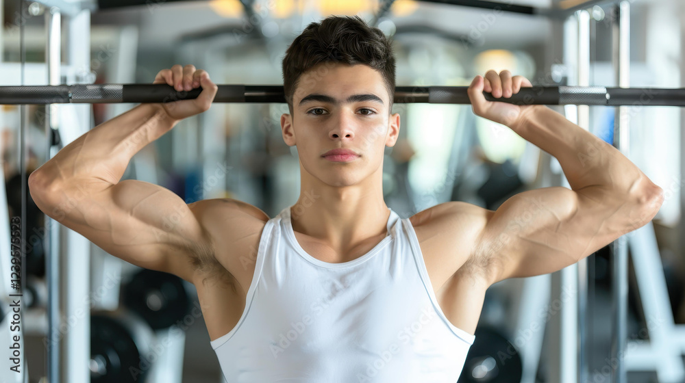 Strong teen in sleek gear pushes limits at the gym, showcasing determination and style during his workout session.