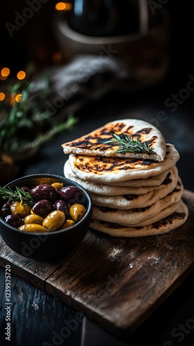 Rustic presentation of grilled flatbreads with mixed olives on wooden board photo