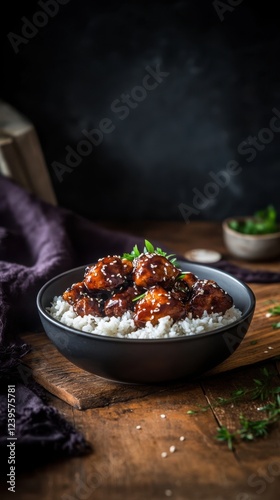 Delicious teriyaki chicken on steamed rice in rustic bowl for asian cuisine