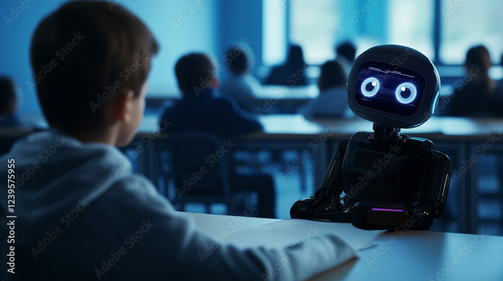 Obraz premium A friendly AI-powered teaching robot with expressive LED eyes interacts with young students in a modern classroom, using holograms to explain science concepts.