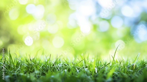 Soft green grass glistens with morning dew under bright sunlight in a peaceful natural setting. Generative AI