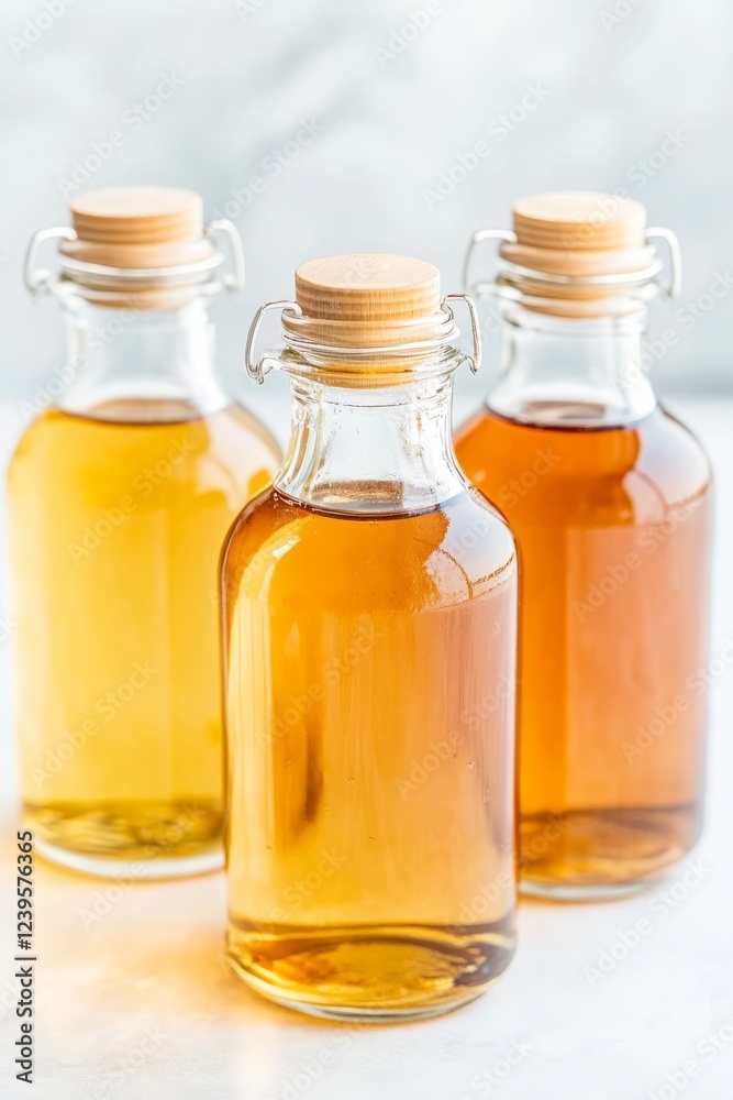 Apple cider vinegar in a glass bottle with fresh apples on a wooden table Apple cider vinegar in a glass bottle with fresh apples on a wooden table