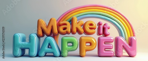 A vibrant 3D text design featuring the phrase Make it HAPPEN in playful, bold colors, complemented by a cheerful rainbow arching above. This lively composition radiates positivity and motivation