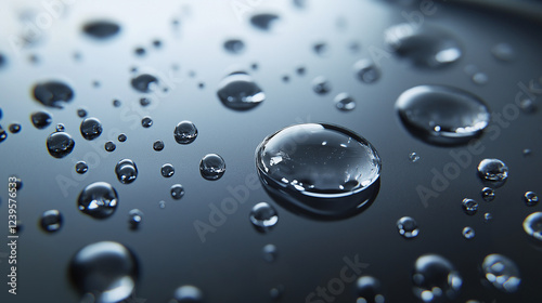 A detailed close-up of a sink drain with perfectly round water droplets forming on its smooth metallic surface, representing hygiene and an obstruction-free flow. photo