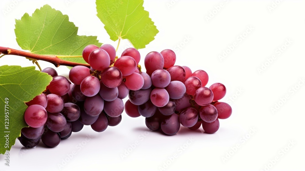 Fototapeta premium Fresh red grapes hang from a lush green vine, showcasing their rich color and juicy appeal against a clean white backdrop.