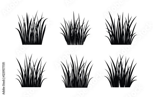 Six separate, stylized, black silhouette images of grass tufts against a white background.