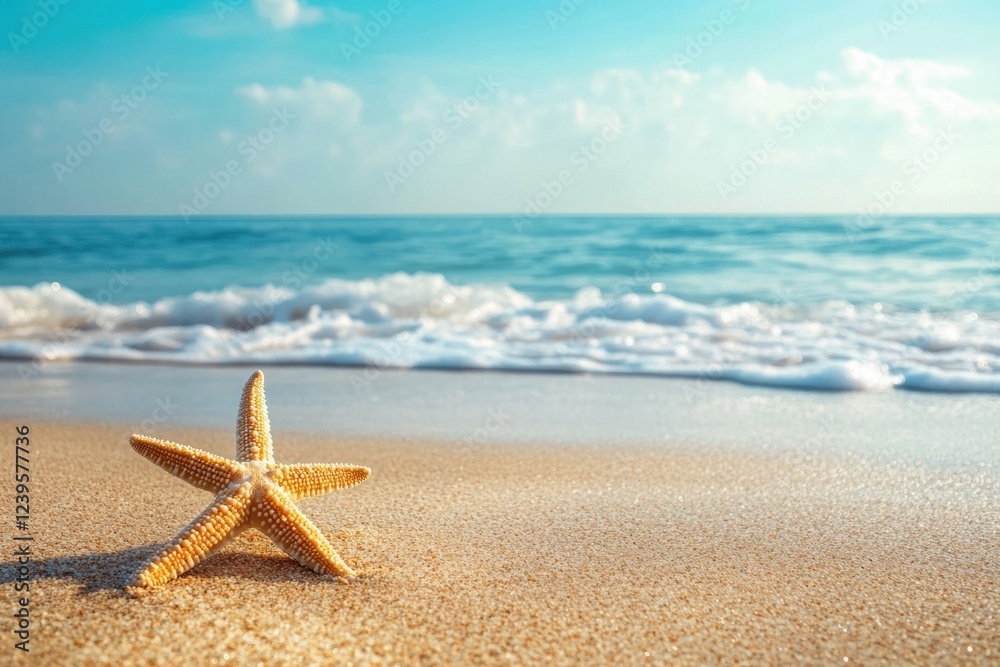 Starfish resting on golden sand with gentle waves lapping on a sunny beach. Generative AI Starfish resting on golden sand with gentle waves lapping on a sunny beach. Generative AI