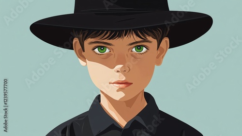 Flat Vector Illustration of Boy with Green Eyes in Traditional Amish Clothing