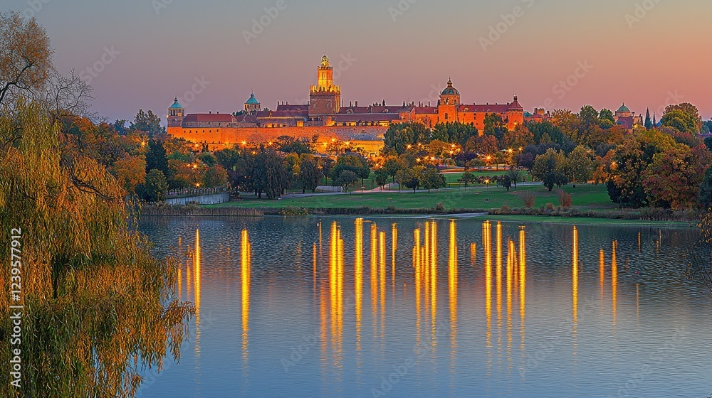 Illuminated Castle Reflecting on Calm Water at Dusk Illuminated Castle Reflecting on Calm Water at Dusk