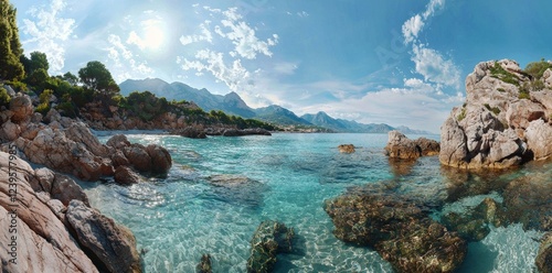 Spectacular Scenery at Tamaricciu Beach in Corsica: Crystal Clear Turquoise Waters and Unique Rock Formations Against a Lush Tropical Backdrop. photo