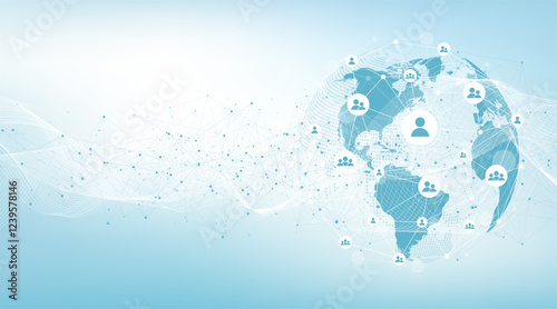 Global network connection concept. Big data visualization. Social network communication in the global computer networks. Internet technology. Business. Science. Vector illustration