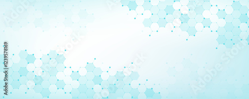 Modern health care or medical background design. Health care innovation concept. Horizontal header web banner. Abstract geometric background with hexagon shapes for medicine, science, chemistry.
