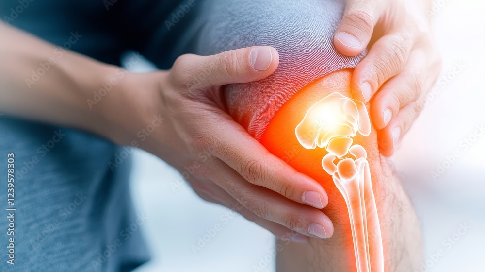 Focused image of a man's knee being supported by one hand, red area radiating from joint, clean white background, rehabilitation support concept Focused image of a man's knee being supported by one hand, red area radiating from joint, clean white background, rehabilitation support concept
