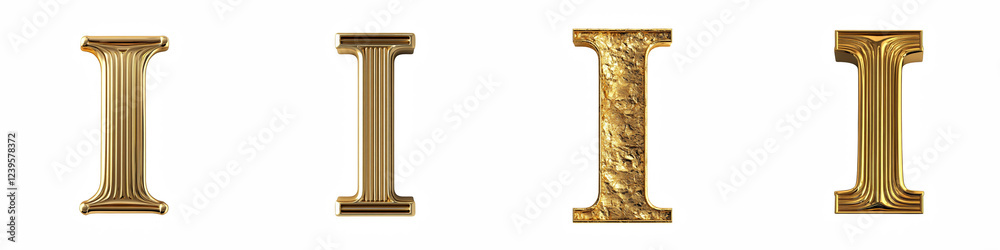 Alphabet I, made of Gold Block with engraved lines, Logo design, letter, isolated on a transparent background Alphabet I, made of Gold Block with engraved lines, Logo design, letter, isolated on a transparent background