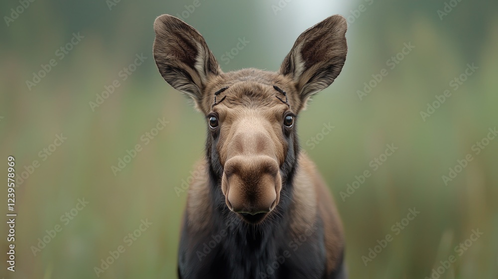 Young moose portrait, forest background, wildlife Young moose portrait, forest background, wildlife