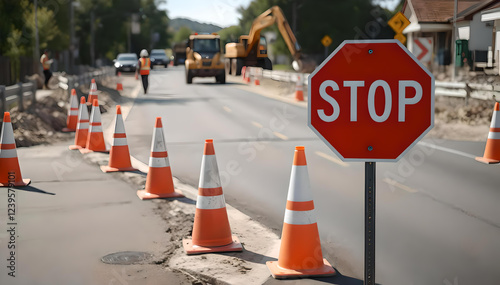 Ensuring road construction safety: Traffic cones, stop signs, and vigilant workers create a secure environment, preventing accidents and guiding vehicles through active work zones