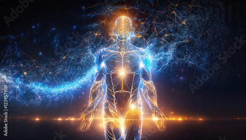 Human being made of light in the cosmos, lightbeing, cosmic man