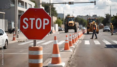Ensuring road construction safety: Traffic cones, stop signs, and vigilant workers create a secure environment, preventing accidents and guiding vehicles through active work zones
