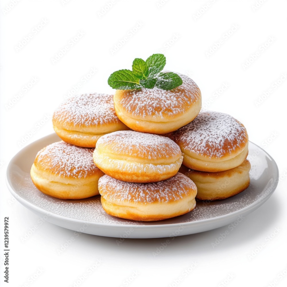 Delicious Light and Fluffy Donuts Topped with Powdered Sugar and Mint Leaves on a White Background Delicious Light and Fluffy Donuts Topped with Powdered Sugar and Mint Leaves on a White Background