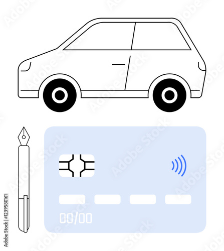 Minimalistic car outline, fountain pen, and contactless chip card. Ideal for transport, technology, finance, communication, innovation, mobility secure payments abstract line flat metaphor