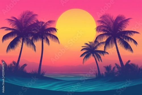 As day turns to night, a serene sunset reveals vibrant colors illuminating the sky over a tropical beach lined with swaying palm trees, creating an idyllic atmosphere for summer relaxation