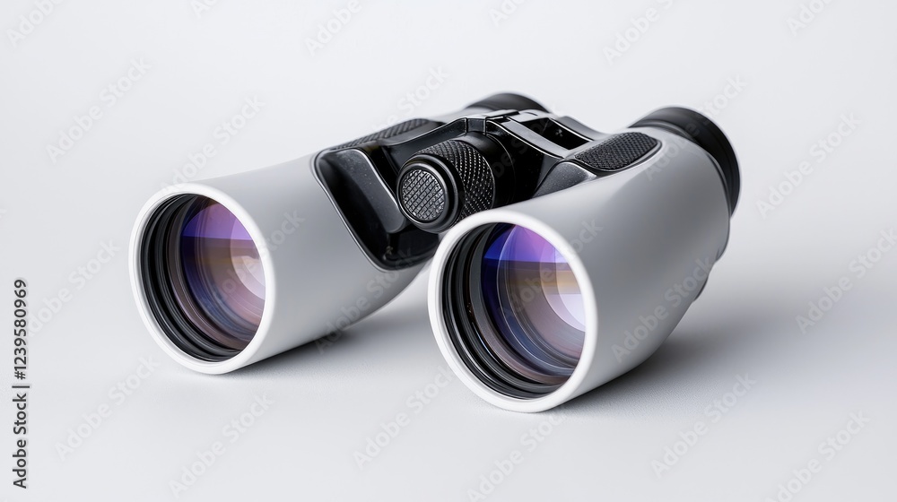 Grey binoculars on white background; exploring, adventure, vision Grey binoculars on white background; exploring, adventure, vision