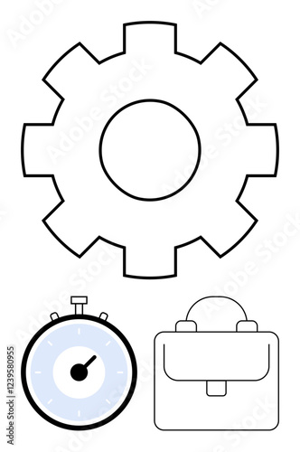 Large gear stopwatch with blue interior, and simple briefcase. Ideal for concepts of productivity, time management, business efficiency, organization, workflow, and deadlines. Line metaphor