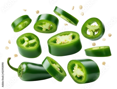 Sliced green jalapeno peppers with seeds scattered around, isolated on transparent background