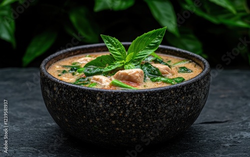 Delicious thai green curry in a rustic bowl