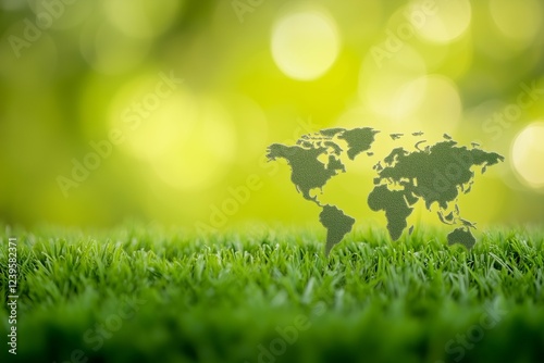 Green grass World map on green bokeh background with meadow