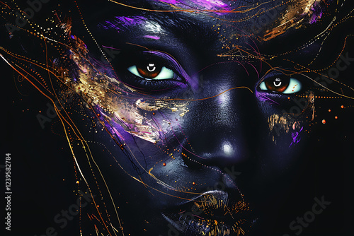 Wallpaper Mural pen plotter art, a stunning black woman with brown eyes, drawn by a pen plotter using white, purple, and gold ink on a black background Torontodigital.ca