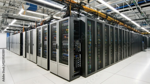 Data center server room with rows of racks and bright overhead lighting