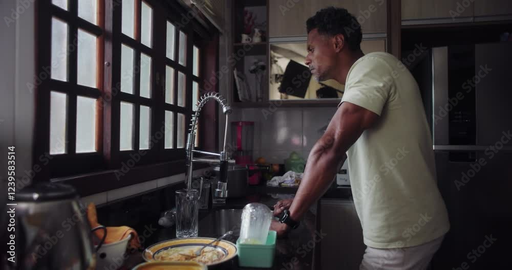 Man washing dishes in kitchen sink, leaning forward in deep thought, contemplative moment, daily routine, household chores, solitude, introspection, home environment