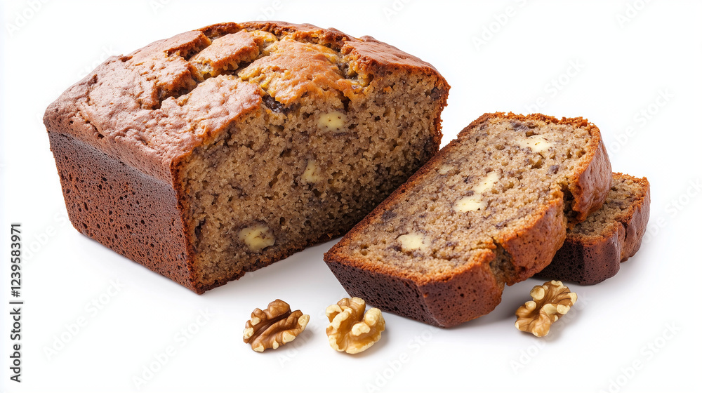 Banana bread loaf with walnuts partially sliced isolated on a white background Banana bread loaf with walnuts partially sliced isolated on a white background