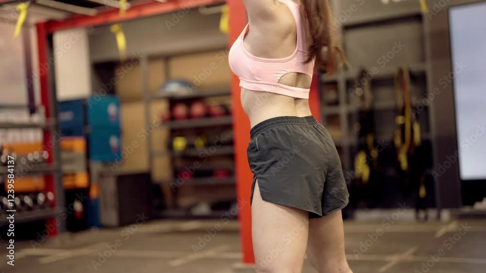 A woman is doing a pull up in a gym. The gym is full of equipment and has a red wall A woman is doing a pull up in a gym. The gym is full of equipment and has a red wall