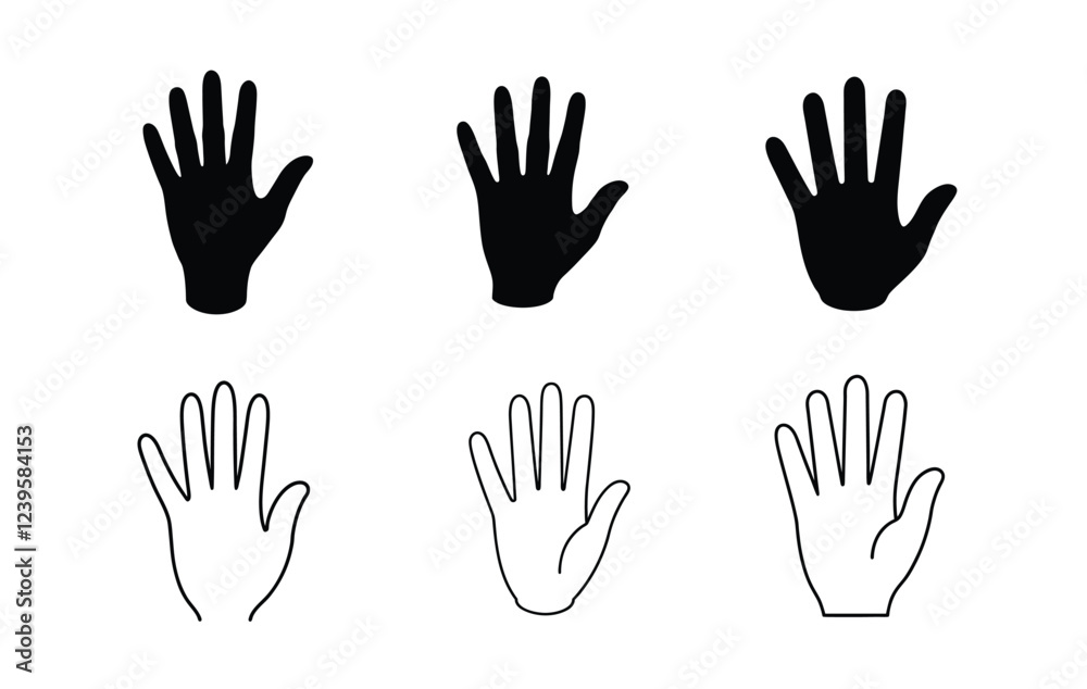 hand icons, three in solid black and three in solid white, each stylized in a simple outline. hand icons, three in solid black and three in solid white, each stylized in a simple outline.