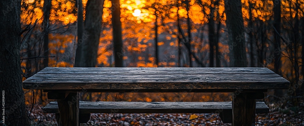 Wooden picnic table in autumn forest sunset. Product display Wooden picnic table in autumn forest sunset. Product display