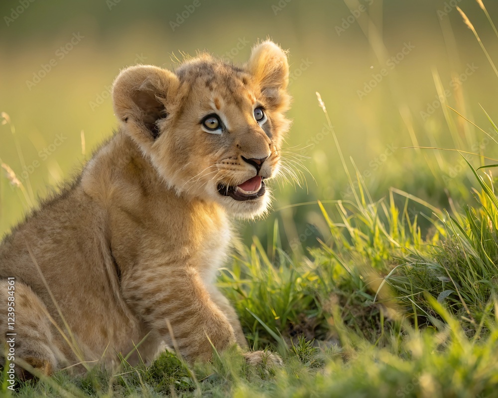 Obraz premium Adorable Lion Cub Sitting in the Grass