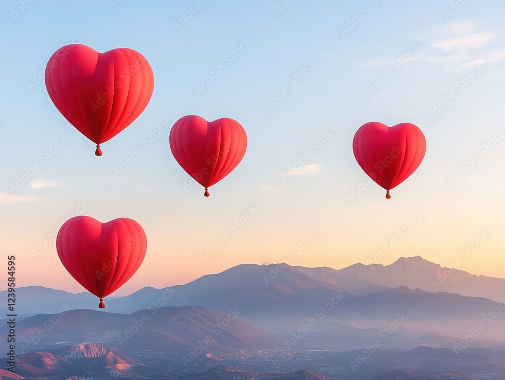 Fototapeta premium A breathtaking view of heart-shaped hot air balloons flying above serene mountains at sunset, capturing love and adventure in the sky.