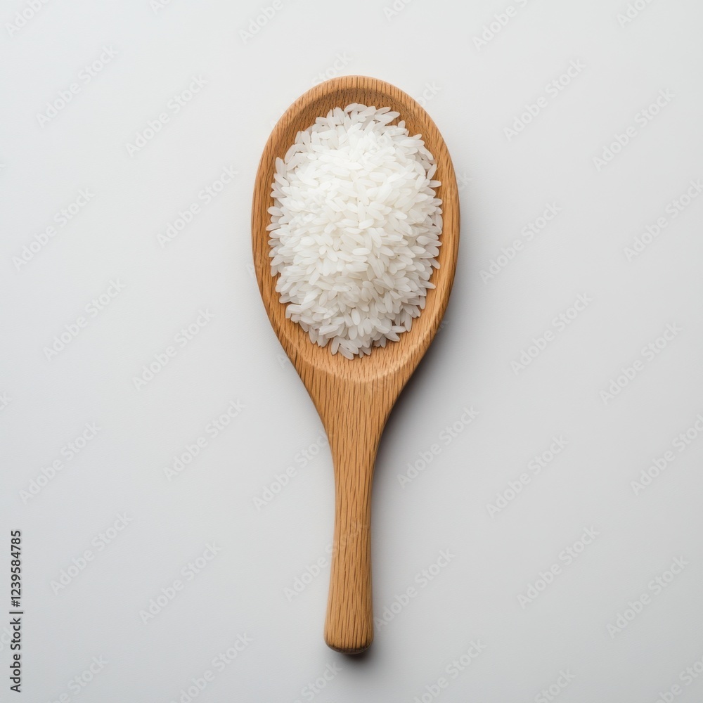 White Rice in Wooden Spoon on Minimalist Background for Cooking and Culinary Concepts White Rice in Wooden Spoon on Minimalist Background for Cooking and Culinary Concepts