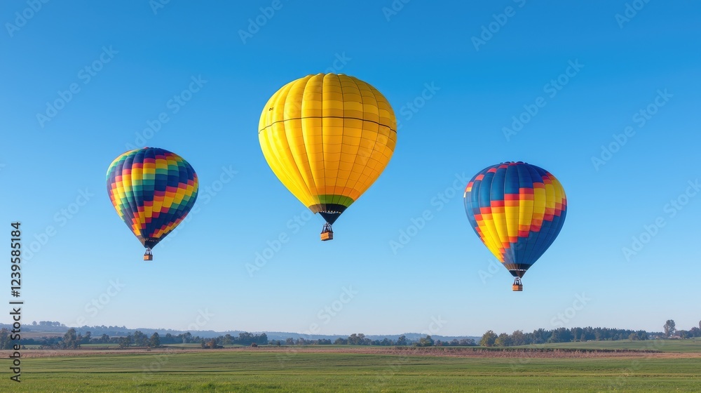 Fototapeta premium Colorful hot air balloons soar over a tranquil green field under a clear blue sky