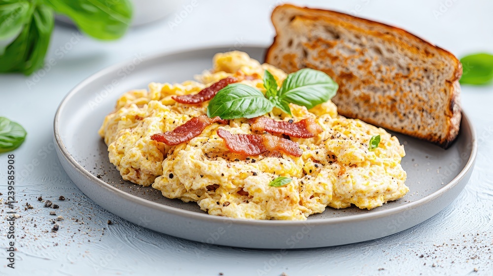 Scrambled eggs, bacon, toast breakfast; light background Scrambled eggs, bacon, toast breakfast; light background