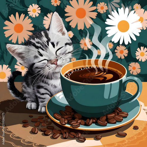 adorable tabby kitten with sleepy closed eyes snifling a morning hot coffee in a teal mug against a lively floral backdrop digitalart catspresso catpuccino photo