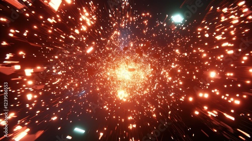 Abstract cosmic energy explosion with bright glowing particles flying through space