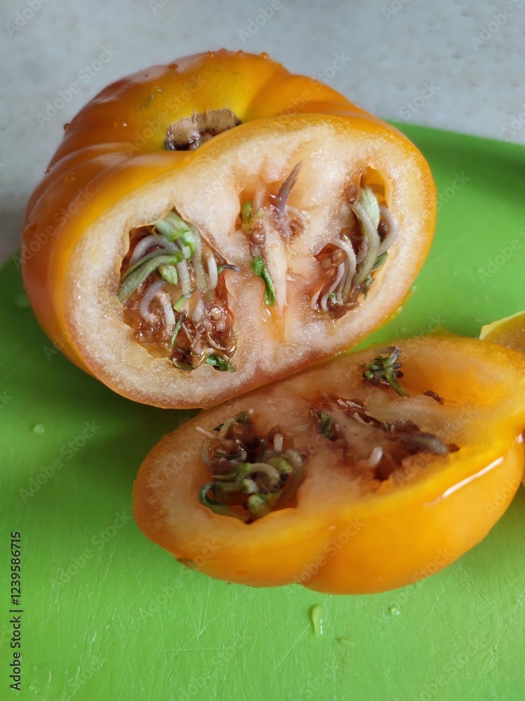 A sliced ripe yellow tomato revealing sprouted seeds inside, placed on a green cutting board A sliced ripe yellow tomato revealing sprouted seeds inside, placed on a green cutting board