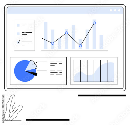 Data analysis dashboard with bar graphs, pie chart, line graph, and report checklist. Ideal for business analytics, presentations, statistics, insights tracking, strategy planning management