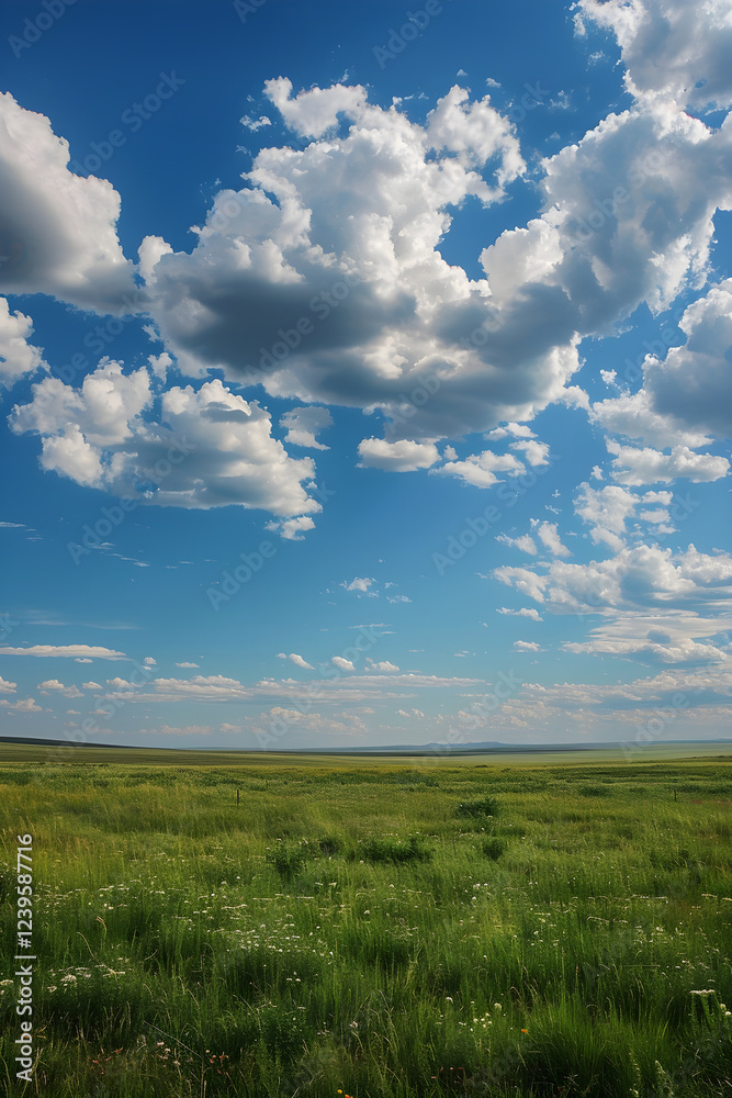 Endless Green Plain Under a Bright Blue Sky with Fluffy White Clouds and Gentle Breezes Endless Green Plain Under a Bright Blue Sky with Fluffy White Clouds and Gentle Breezes