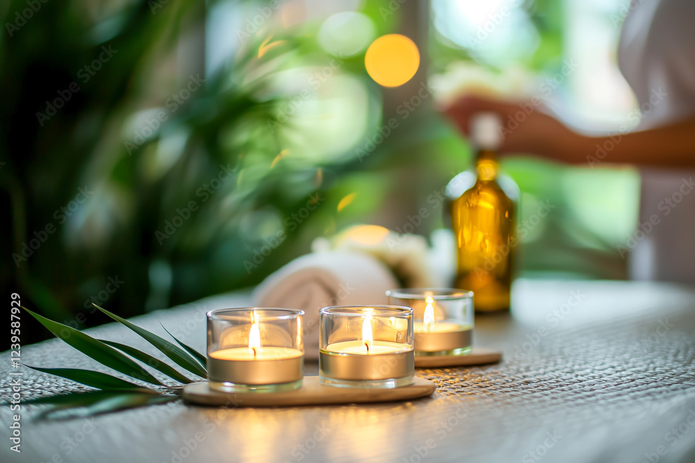 Three lit candles and a bottle of oil create a serene spa-like atmosphere. Relaxing ambiance perfect for wellness and self-care. Three lit candles and a bottle of oil create a serene spa-like atmosphere. Relaxing ambiance perfect for wellness and self-care.