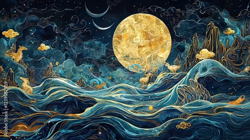 Lunar tarot card with folklore motifs, a flowing river, animal spirits, glowing moon, vibrant Tetradic tones, surreal design feel